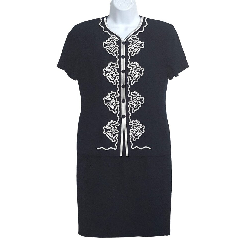 Vintage 80s Dress 8P Sheath‎ Navy Blue White Piping Knee Lined Zip Linen Blend
